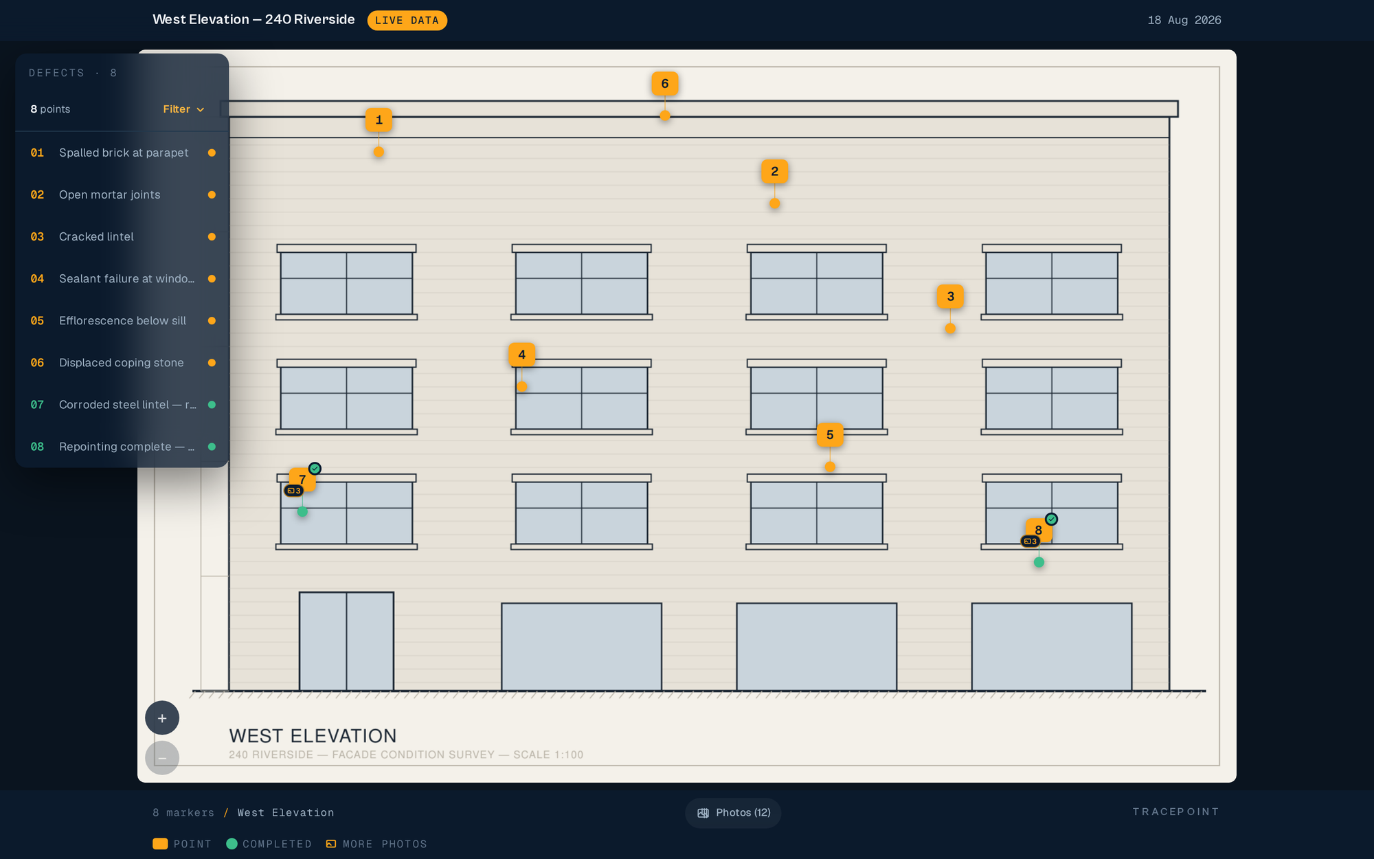 The Tracepoint client viewer — a facade elevation with numbered findings and a defect list beside it